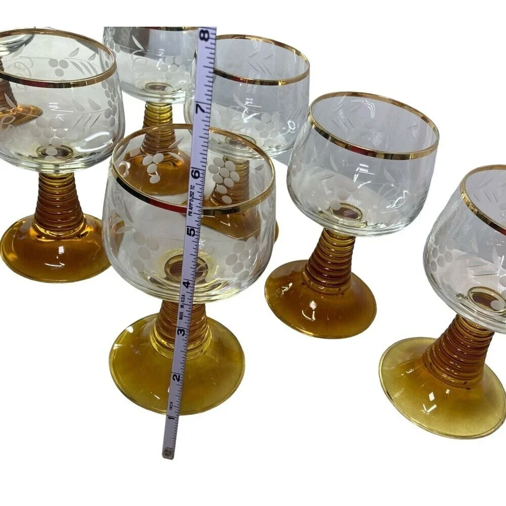 7 Roemer Amber Brown Beehive‎ Etched Grapes Gold Trim Wine Glasses Vintage